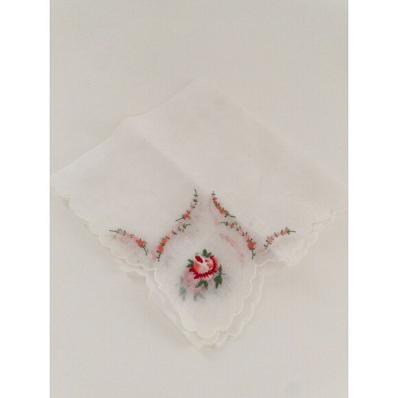 Vintage White Handkerchief With Floral Embroidery & Scalloped Edges - Picture 2 of 11